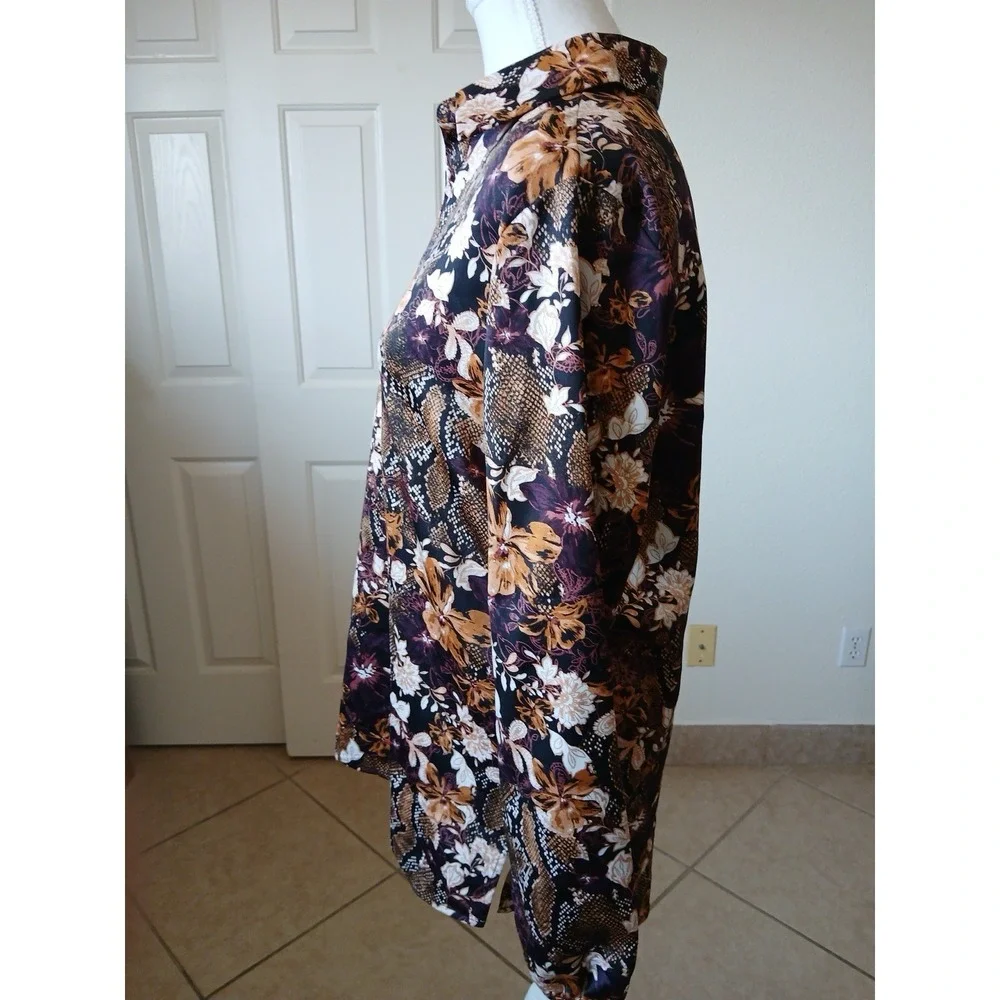 Marc New‎ York Women's Blouse Tunic Brown & Purple Floral Long Sleeve Bohemian